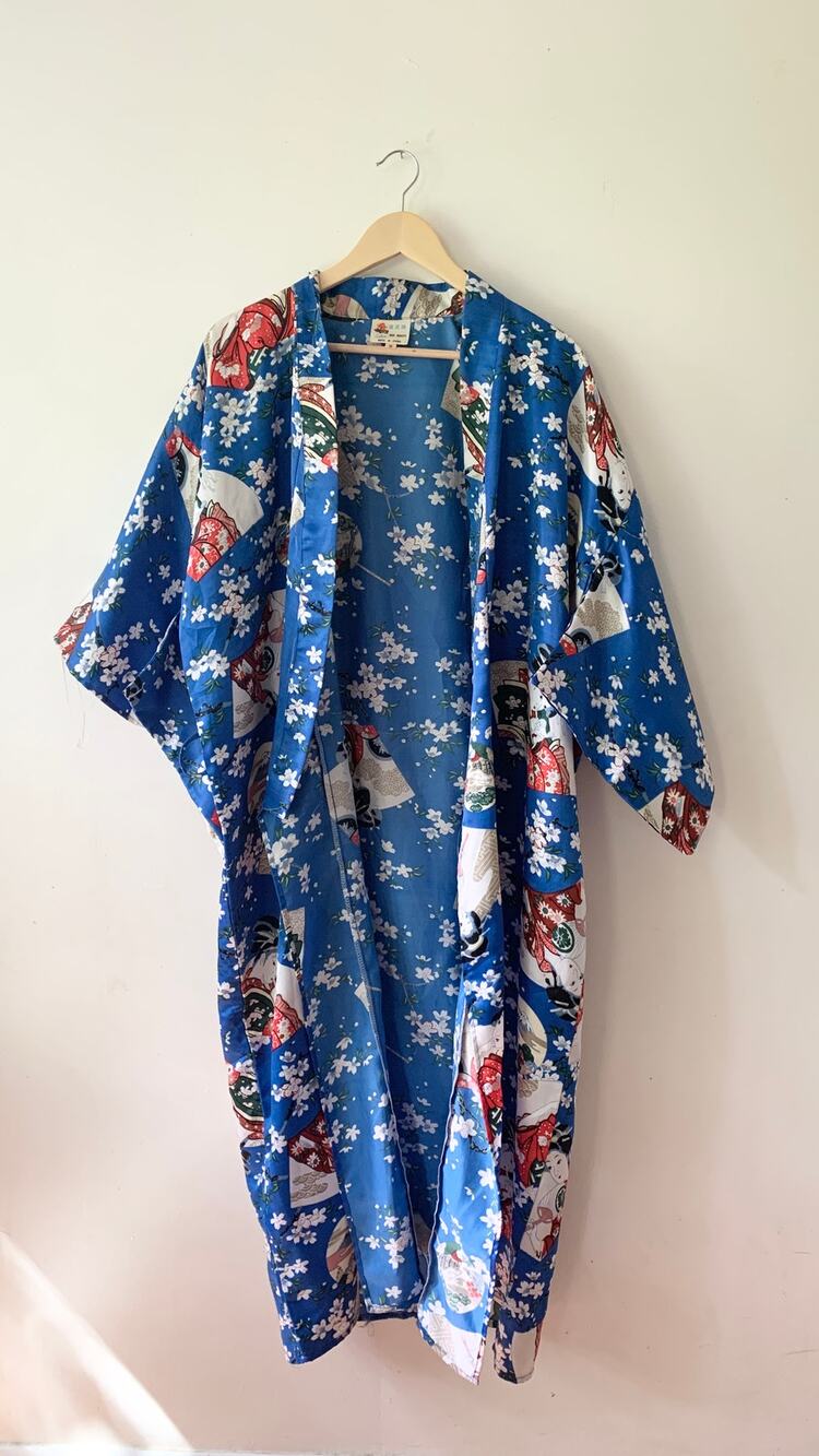 LOTUS Brand Vintage Kimono Japanese Blue Robe Small No Belt